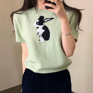 韩国chic早春温柔减龄圆领显白绿兔子刺绣套头短袖针织衫毛衣女