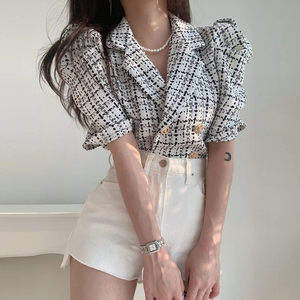 韩国chic夏季复古小香风西装领撞色格纹双排扣泡泡袖短款外套女