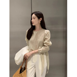 韩国chic夏季小众设计感圆领下摆系带宽松百搭薄款长袖衬衫上衣女