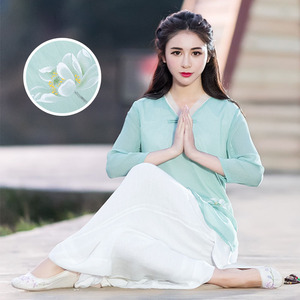 中国风雪纺居士服女秋季新款复古唐装禅意佛系修手绘印花茶人套装