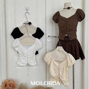 molorda 法式设计感褶皱短袖T恤女2024夏季扣子收腰短款上衣