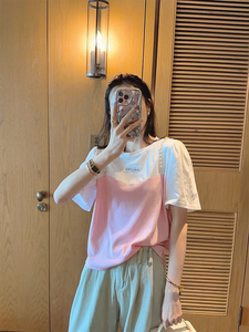 韩国东大门2024夏季款珍珠吊带重工设计款粉白撞色拼接假两件T恤