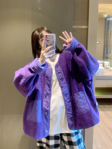 韩国东大门2024秋冬季新款好美的一抹紫羊羔毛宽松韩版圆领棉服女