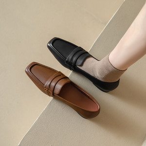 真皮法式棕色薄底小皮鞋百搭英伦风哑光乐福鞋方头平底休闲单鞋女