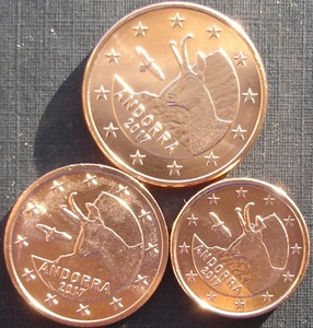 安道尔2017年硬币 分币三枚 比利牛斯山羚羊 unc全新