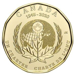 加拿大2020年纪念币 联合国宪章75周年 本色 1元 全新