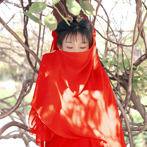 挽秀古风汉服头纱森系头巾唯美婚纱礼服原创头饰发饰纯色红沙漠仙