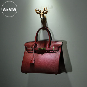 Airvivi-10C74-真皮铂金包 荔枝纹头层牛皮酒红色女包手提包时尚