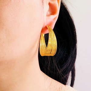 轻奢时尚圆圈耳环女沙金铜镀金假黄金方糖碎金耳圈夸张耳饰不掉色