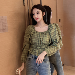 一字肩上衣女格子