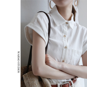 Warmo 简约牛耳袖设计感2024夏季新款短袖透气舒适白色衬衫女上衣