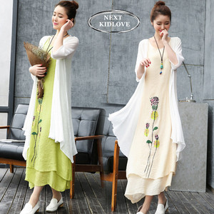 香港大码夏装流行款国风印花亚麻连衣裙两件套复古气质棉麻套装女