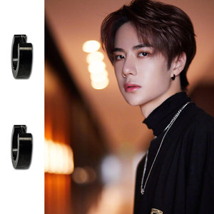 创造101王一博明星抖音同款耳环防过敏黑色经典钢耳圈钉环坠饰品6