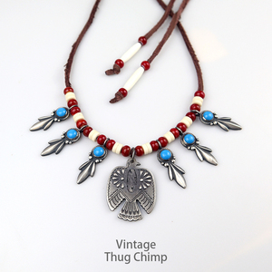 手工制作925纯银松石项坠印第安纳瓦霍雷鸟吊坠琉璃珠复古项链