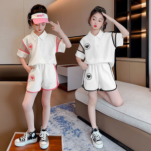 女童夏季套装韩版新款洋气时髦中大童休闲网纱露肩短袖短裤两件套