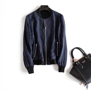 优先亲肤铜氨丝面料小外套女 显瘦垂感气质立领长袖藏青拉链夹克