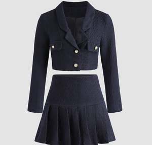 cider代购 ins学院小香风深蓝色毛呢夹克半裙套装现货