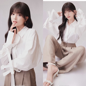 2022年春季吴宣仪明星同款白色宽松显瘦设计感衬衣韩版长袖衬衫女