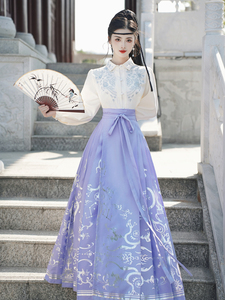 新中式国风改良汉服女中国风刺绣衬衫女长袖淡紫色马面裙套装日常