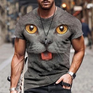 抖音猫咪短袖t恤男3D立体印花图案灰色猫咪个性大码衣服体恤潮