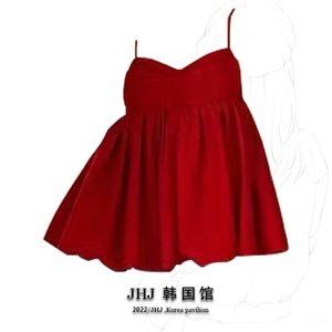 2024年夏季新款法式设计感甜美可爱高腰红色娃娃裙摆式吊带上衣女