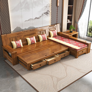 实木沙发床折叠两用客厅小户型中式现代储物香樟木伸缩沙发变床
