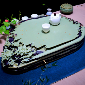 紫袍玉带石贵州梵净山手工雕刻牡丹花石茶盘椭圆形茶盘中号茶海
