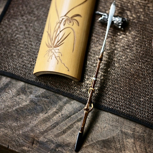 太初莲花堂 拾七手作银质茶勺茶拨 牛角竹枝银片茶针 榫卯结合