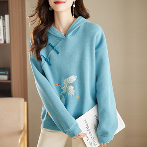 中国风连帽卫衣女款中式盘扣汉服汉元素古风国潮刺绣长袖上衣帽衫