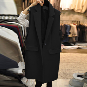 韩国2024春季新款黑色气质中长款马甲女百搭西装无袖背心马夹外套