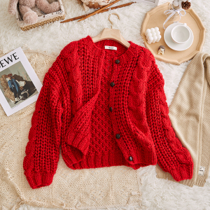新款手工羊毛衫编织圣诞红色宽松毛衣女外套加厚套头麻花针织开衫