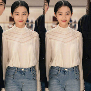 黄多多同款白色高领蕾丝衫长袖宫廷风打底衬衫女韩版百搭内搭上衣