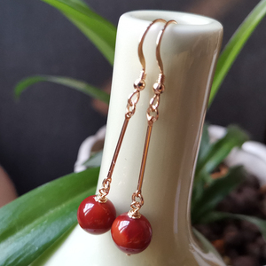 南红玛瑙玫瑰红圆珠长款耳环凉山瓦西原矿饰品耳坠流苏14k包金女a