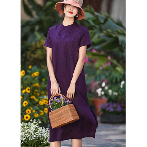 中国风复古原创高端亚麻连衣裙女装修身改良版棉麻紫色旗袍a字裙