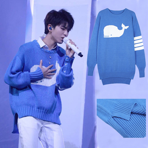 tfboys珊珊家2019王俊凯同款毛衣蓝色鲸鱼针织衫秋季新款圆领毛衫