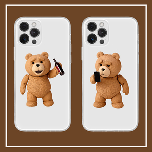 泰迪熊喝酒沙雕苹果11手机壳适用华为p50小米11青春版情侣ins液态