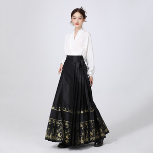 新中式【枝满松】马面裙2024新款套装黑色日常汉服改良国风上衣女