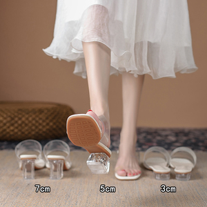 透明凉鞋女夏外穿2024新款平底中跟粗跟水晶高跟鞋一字带凉拖女鞋
