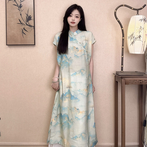 棉麻古风连衣裙中国风女装新中式显瘦长款裙子禅意丝麻改良版旗袍