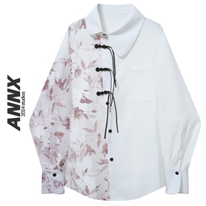 ANNX2024新中式小众盘扣国风长袖上衣女设计感绣花拼接衬衫