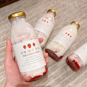 包邮韩国500ml牛乳瓶网红草莓柠檬饮料瓶冷泡花茶玻璃酵素瓶空瓶