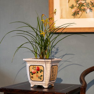 陶一峰精品 反口倭角贴花贴字兰盆手工石湾传统釉彩陶瓷花盆仿古