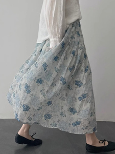 法式复古森系蓝色苎麻半身裙女夏季小个子棉麻半裙仙女碎花裙长裙