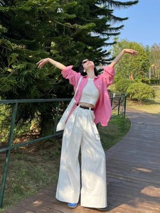 出游时尚套装夏季新款韩系粉色宽松慵懒衬衫背心上衣白色休闲裤女