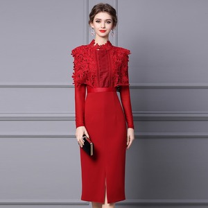 红色连衣裙气质女装春季2024年新款水溶蕾丝长袖打底长裙显瘦长款