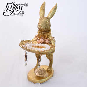 新款北欧创意金色兔子可爱动物首饰托盘珠宝展示架桌面收纳摆件