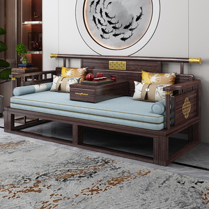乌金木罗汉床新中式实木沙发床客厅禅意别墅家具带抽拉床伸缩沙发