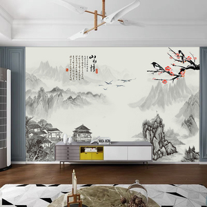 山水情水墨山水电视背景墙壁纸中堂客厅影视墙纸中式国画靠山壁画