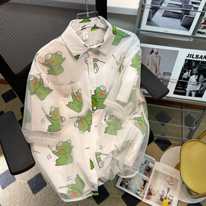 夏季青蛙满印假两件衬衫男ins港风设计感小众外套宽松五分袖衬衣