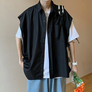 夏季薄款港风工装背心衬衫男原宿风百搭痞帅坎肩简约休闲马甲外套